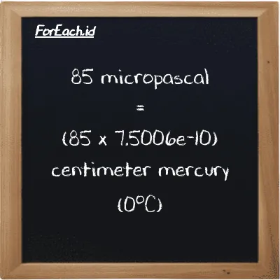 How to convert micropascal to centimeter mercury (0<sup>o</sup>C): 85 micropascal (µPa) is equivalent to 85 times 7.5006e-10 centimeter mercury (0<sup>o</sup>C) (cmHg)