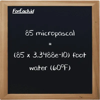 How to convert micropascal to foot water (60<sup>o</sup>F): 85 micropascal (µPa) is equivalent to 85 times 3.3488e-10 foot water (60<sup>o</sup>F) (ftH2O)