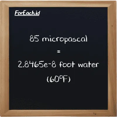 85 micropascal is equivalent to 2.8465e-8 foot water (60<sup>o</sup>F) (85 µPa is equivalent to 2.8465e-8 ftH2O)