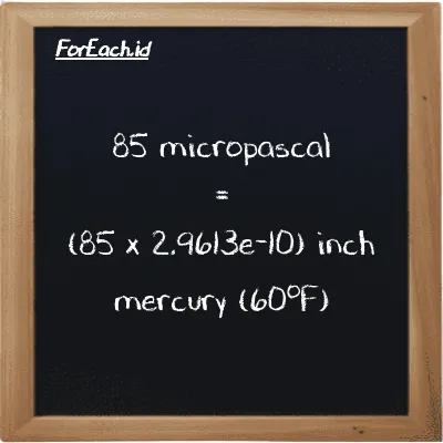 How to convert micropascal to inch mercury (60<sup>o</sup>F): 85 micropascal (µPa) is equivalent to 85 times 2.9613e-10 inch mercury (60<sup>o</sup>F) (inHg)