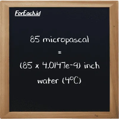 How to convert micropascal to inch water (4<sup>o</sup>C): 85 micropascal (µPa) is equivalent to 85 times 4.0147e-9 inch water (4<sup>o</sup>C) (inH2O)