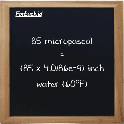 How to convert micropascal to inch water (60<sup>o</sup>F): 85 micropascal (µPa) is equivalent to 85 times 4.0186e-9 inch water (60<sup>o</sup>F) (inH20)