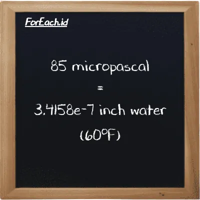 85 micropascal is equivalent to 3.4158e-7 inch water (60<sup>o</sup>F) (85 µPa is equivalent to 3.4158e-7 inH20)
