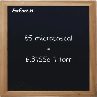 How to convert micropascal to torr: 85 micropascal (µPa) is equivalent to 85 times 7.5006e-9 torr (torr)