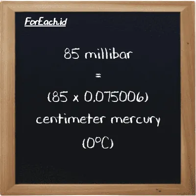How to convert millibar to centimeter mercury (0<sup>o</sup>C): 85 millibar (mbar) is equivalent to 85 times 0.075006 centimeter mercury (0<sup>o</sup>C) (cmHg)