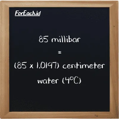 How to convert millibar to centimeter water (4<sup>o</sup>C): 85 millibar (mbar) is equivalent to 85 times 1.0197 centimeter water (4<sup>o</sup>C) (cmH2O)
