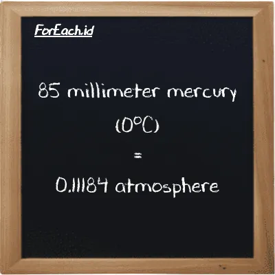 85 millimeter mercury (0<sup>o</sup>C) is equivalent to 0.11184 atmosphere (85 mmHg is equivalent to 0.11184 atm)