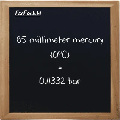85 millimeter mercury (0<sup>o</sup>C) is equivalent to 0.11332 bar (85 mmHg is equivalent to 0.11332 bar)