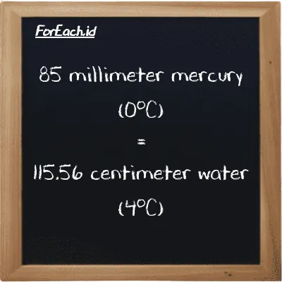85 millimeter mercury (0<sup>o</sup>C) is equivalent to 115.56 centimeter water (4<sup>o</sup>C) (85 mmHg is equivalent to 115.56 cmH2O)