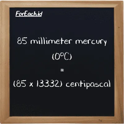 How to convert millimeter mercury (0<sup>o</sup>C) to centipascal: 85 millimeter mercury (0<sup>o</sup>C) (mmHg) is equivalent to 85 times 13332 centipascal (cPa)