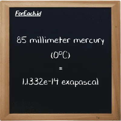 85 millimeter mercury (0<sup>o</sup>C) is equivalent to 1.1332e-14 exapascal (85 mmHg is equivalent to 1.1332e-14 EPa)
