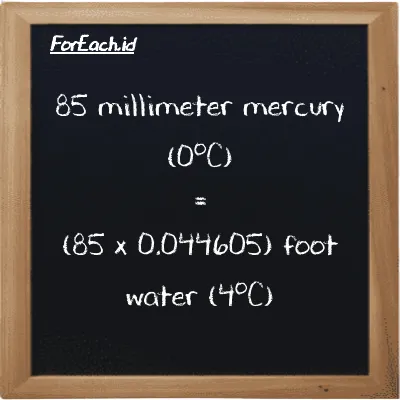 How to convert millimeter mercury (0<sup>o</sup>C) to foot water (4<sup>o</sup>C): 85 millimeter mercury (0<sup>o</sup>C) (mmHg) is equivalent to 85 times 0.044605 foot water (4<sup>o</sup>C) (ftH2O)