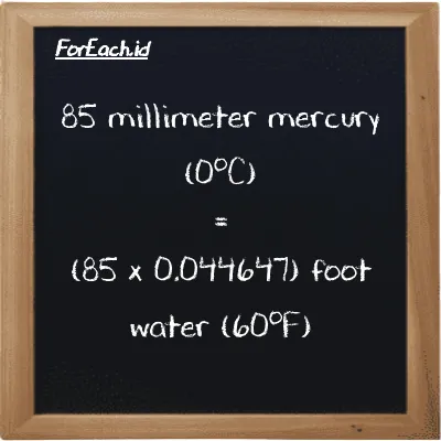 How to convert millimeter mercury (0<sup>o</sup>C) to foot water (60<sup>o</sup>F): 85 millimeter mercury (0<sup>o</sup>C) (mmHg) is equivalent to 85 times 0.044647 foot water (60<sup>o</sup>F) (ftH2O)
