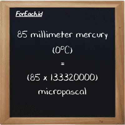 How to convert millimeter mercury (0<sup>o</sup>C) to micropascal: 85 millimeter mercury (0<sup>o</sup>C) (mmHg) is equivalent to 85 times 133320000 micropascal (µPa)