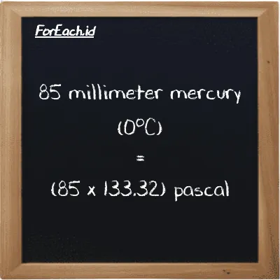 How to convert millimeter mercury (0<sup>o</sup>C) to pascal: 85 millimeter mercury (0<sup>o</sup>C) (mmHg) is equivalent to 85 times 133.32 pascal (Pa)