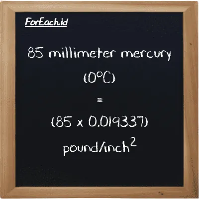 How to convert millimeter mercury (0<sup>o</sup>C) to pound/inch<sup>2</sup>: 85 millimeter mercury (0<sup>o</sup>C) (mmHg) is equivalent to 85 times 0.019337 pound/inch<sup>2</sup> (psi)