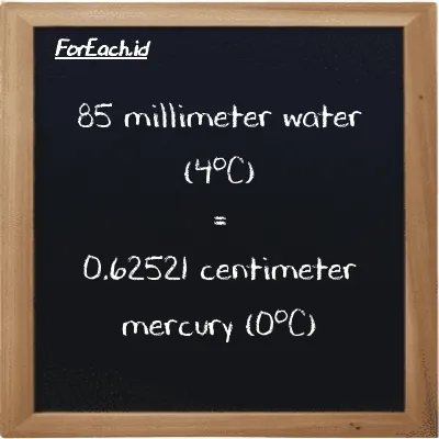 85 millimeter water (4<sup>o</sup>C) is equivalent to 0.62521 centimeter mercury (0<sup>o</sup>C) (85 mmH2O is equivalent to 0.62521 cmHg)