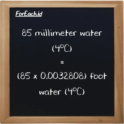 How to convert millimeter water (4<sup>o</sup>C) to foot water (4<sup>o</sup>C): 85 millimeter water (4<sup>o</sup>C) (mmH2O) is equivalent to 85 times 0.0032808 foot water (4<sup>o</sup>C) (ftH2O)