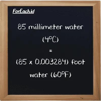 How to convert millimeter water (4<sup>o</sup>C) to foot water (60<sup>o</sup>F): 85 millimeter water (4<sup>o</sup>C) (mmH2O) is equivalent to 85 times 0.003284 foot water (60<sup>o</sup>F) (ftH2O)