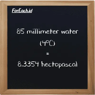 85 millimeter water (4<sup>o</sup>C) is equivalent to 8.3354 hectopascal (85 mmH2O is equivalent to 8.3354 hPa)