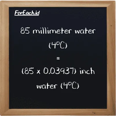How to convert millimeter water (4<sup>o</sup>C) to inch water (4<sup>o</sup>C): 85 millimeter water (4<sup>o</sup>C) (mmH2O) is equivalent to 85 times 0.03937 inch water (4<sup>o</sup>C) (inH2O)