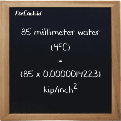 How to convert millimeter water (4<sup>o</sup>C) to kip/inch<sup>2</sup>: 85 millimeter water (4<sup>o</sup>C) (mmH2O) is equivalent to 85 times 0.0000014223 kip/inch<sup>2</sup> (ksi)