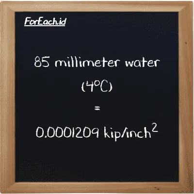 85 millimeter water (4<sup>o</sup>C) is equivalent to 0.0001209 kip/inch<sup>2</sup> (85 mmH2O is equivalent to 0.0001209 ksi)