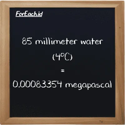85 millimeter water (4<sup>o</sup>C) is equivalent to 0.00083354 megapascal (85 mmH2O is equivalent to 0.00083354 MPa)