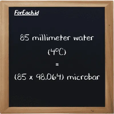 How to convert millimeter water (4<sup>o</sup>C) to microbar: 85 millimeter water (4<sup>o</sup>C) (mmH2O) is equivalent to 85 times 98.064 microbar (µbar)