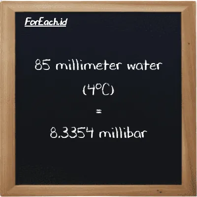 85 millimeter water (4<sup>o</sup>C) is equivalent to 8.3354 millibar (85 mmH2O is equivalent to 8.3354 mbar)