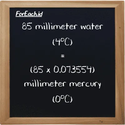 How to convert millimeter water (4<sup>o</sup>C) to millimeter mercury (0<sup>o</sup>C): 85 millimeter water (4<sup>o</sup>C) (mmH2O) is equivalent to 85 times 0.073554 millimeter mercury (0<sup>o</sup>C) (mmHg)