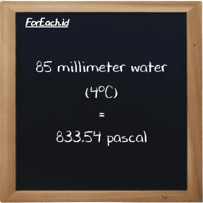 85 millimeter water (4<sup>o</sup>C) is equivalent to 833.54 pascal (85 mmH2O is equivalent to 833.54 Pa)