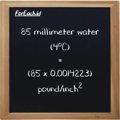 How to convert millimeter water (4<sup>o</sup>C) to pound/inch<sup>2</sup>: 85 millimeter water (4<sup>o</sup>C) (mmH2O) is equivalent to 85 times 0.0014223 pound/inch<sup>2</sup> (psi)