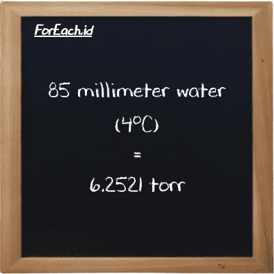 85 millimeter water (4<sup>o</sup>C) is equivalent to 6.2521 torr (85 mmH2O is equivalent to 6.2521 torr)