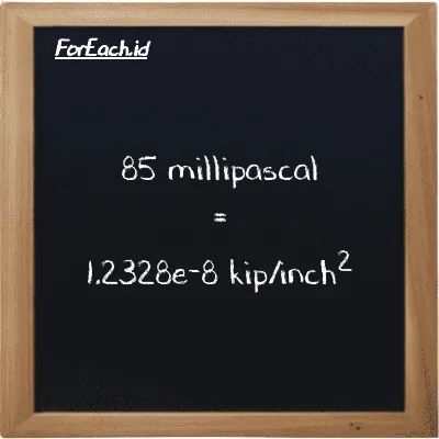 85 millipascal is equivalent to 1.2328e-8 kip/inch<sup>2</sup> (85 mPa is equivalent to 1.2328e-8 ksi)