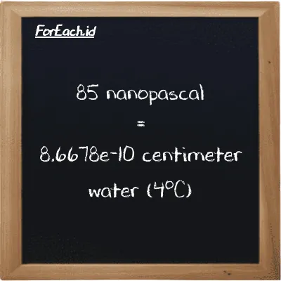 85 nanopascal is equivalent to 8.6678e-10 centimeter water (4<sup>o</sup>C) (85 nPa is equivalent to 8.6678e-10 cmH2O)