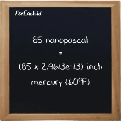 How to convert nanopascal to inch mercury (60<sup>o</sup>F): 85 nanopascal (nPa) is equivalent to 85 times 2.9613e-13 inch mercury (60<sup>o</sup>F) (inHg)
