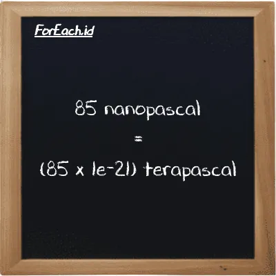How to convert nanopascal to terapascal: 85 nanopascal (nPa) is equivalent to 85 times 1e-21 terapascal (TPa)