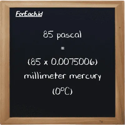 How to convert pascal to millimeter mercury (0<sup>o</sup>C): 85 pascal (Pa) is equivalent to 85 times 0.0075006 millimeter mercury (0<sup>o</sup>C) (mmHg)