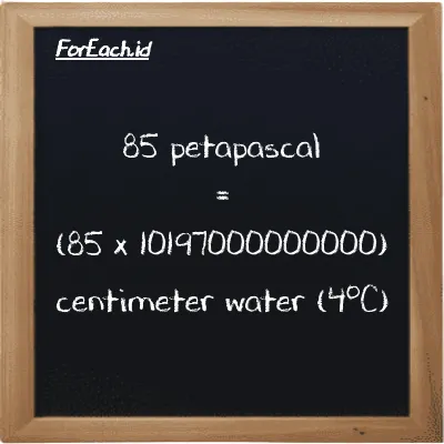 How to convert petapascal to centimeter water (4<sup>o</sup>C): 85 petapascal (PPa) is equivalent to 85 times 10197000000000 centimeter water (4<sup>o</sup>C) (cmH2O)