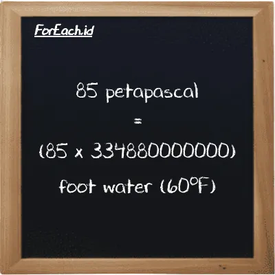How to convert petapascal to foot water (60<sup>o</sup>F): 85 petapascal (PPa) is equivalent to 85 times 334880000000 foot water (60<sup>o</sup>F) (ftH2O)