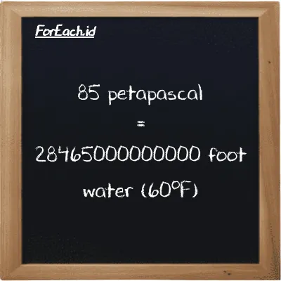 85 petapascal is equivalent to 28465000000000 foot water (60<sup>o</sup>F) (85 PPa is equivalent to 28465000000000 ftH2O)