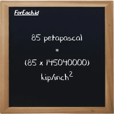 How to convert petapascal to kip/inch<sup>2</sup>: 85 petapascal (PPa) is equivalent to 85 times 145040000 kip/inch<sup>2</sup> (ksi)