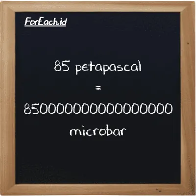 85 petapascal is equivalent to 850000000000000000 microbar (85 PPa is equivalent to 850000000000000000 µbar)