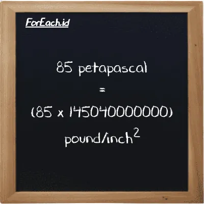 How to convert petapascal to pound/inch<sup>2</sup>: 85 petapascal (PPa) is equivalent to 85 times 145040000000 pound/inch<sup>2</sup> (psi)