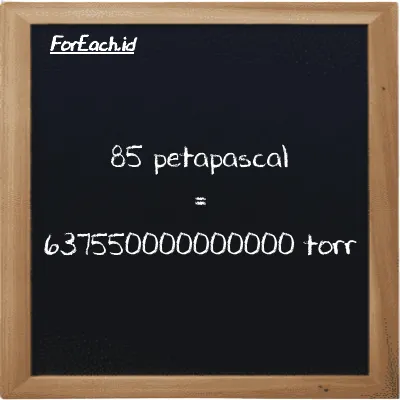 85 petapascal is equivalent to 637550000000000 torr (85 PPa is equivalent to 637550000000000 torr)