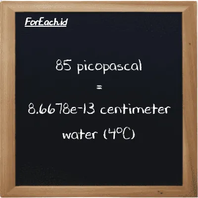 85 picopascal is equivalent to 8.6678e-13 centimeter water (4<sup>o</sup>C) (85 pPa is equivalent to 8.6678e-13 cmH2O)