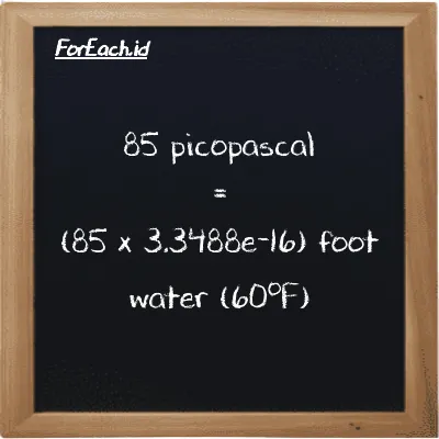 How to convert picopascal to foot water (60<sup>o</sup>F): 85 picopascal (pPa) is equivalent to 85 times 3.3488e-16 foot water (60<sup>o</sup>F) (ftH2O)