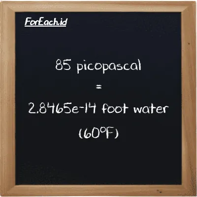 85 picopascal is equivalent to 2.8465e-14 foot water (60<sup>o</sup>F) (85 pPa is equivalent to 2.8465e-14 ftH2O)