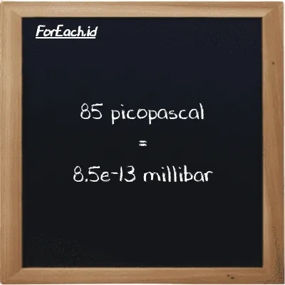 85 picopascal is equivalent to 8.5e-13 millibar (85 pPa is equivalent to 8.5e-13 mbar)